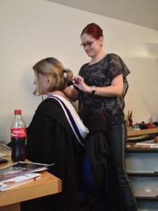 Grumpy doing my hair. Grumpy doing my hair.