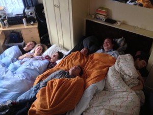 The morning after an amazing party, with most of us laughing our heads off.