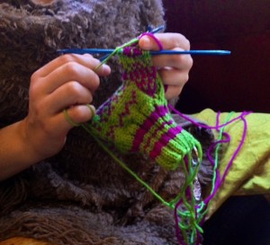 Finishing up a mitten.