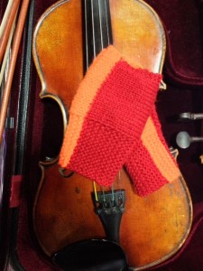 Mitts on my violin, looking a lot less fluorescent than they are in RL.