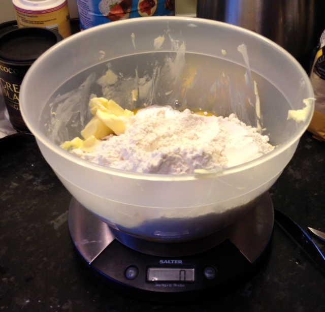 All the cake ingredients in a bowl.