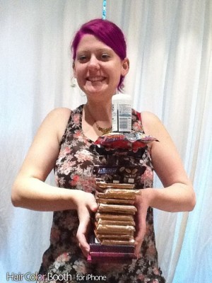 Me with a pile full of chocolate (and purple hair)