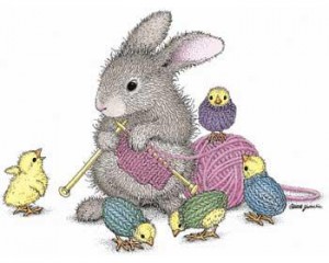 I have no 'designer Corrie' photos, so have a picture of a rabbit knitting instead.