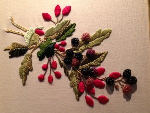 Incredible embroidered spring of berries with seed beads for berries.