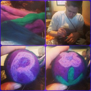 Fibre, me doing some needle felting, and Curlywurly's ball on both sides.