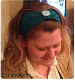 Showing off the button on my head-band.