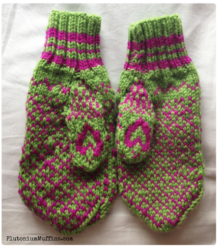 Fairisle mittens with palms up.