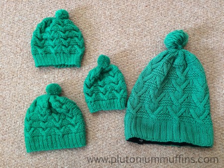 The three knitted hats and the original. In order of knitting - with first at top.