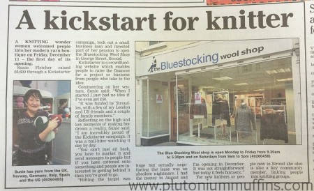 An article about Sunie Fletcher in the local newspaper. The Bluestocking Wool Shop - announcement in the local paper.