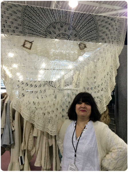 Belinda Harris-Reid with her absolutely stunning design, the Strawberry Pi Shawl.