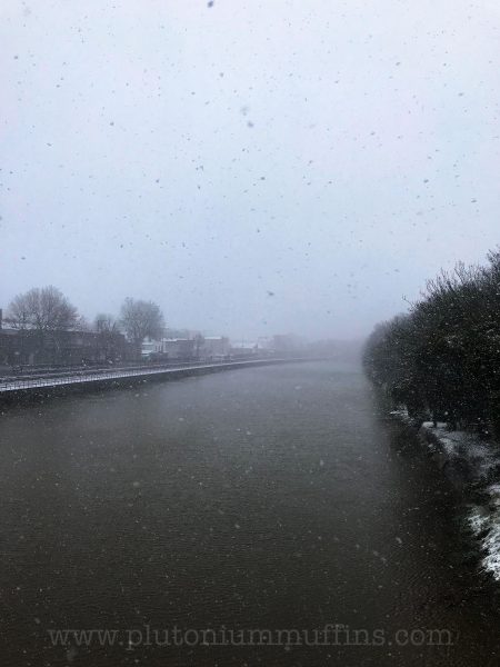 Heavy blizzard hiding the rest of Bristol from view.