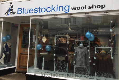 The outside of the Bluestocking Wool Shop - look at the beautiful samples!