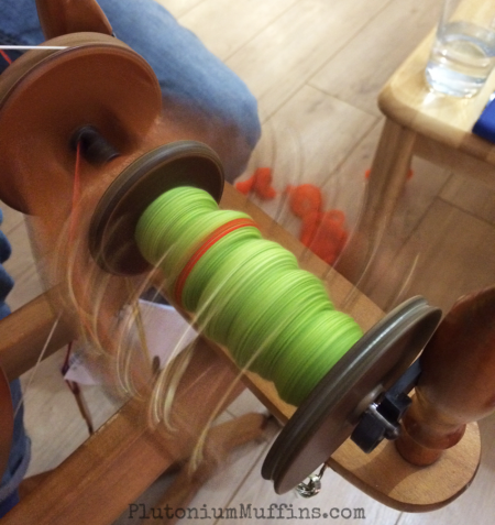 Action shot of the bobbin & flyer during spinning.