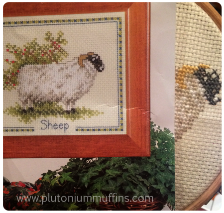 The sheep as shown on the cover of the cross-stitch kit.