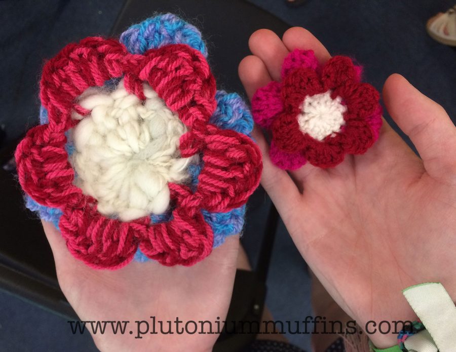 Flowers that were crocheted by my students at Sidmouth Folk Festival.