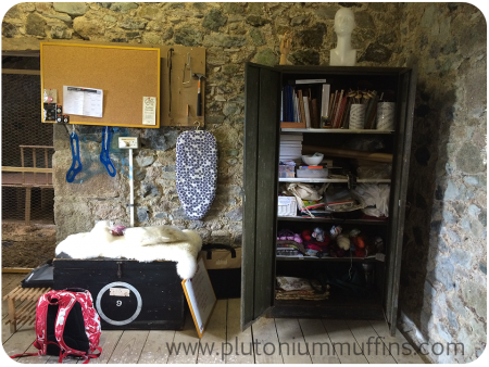 My cupboard filled with goodies, the Stash Trunk to the left and a pin board ready for lots of pins.