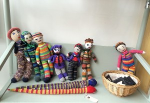 Knitted toys on display, I love the little snakes!