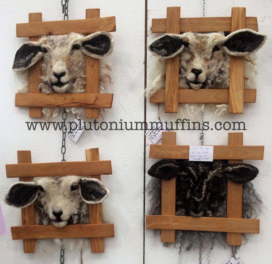 Felted sheep heads at a previous Wonderwool