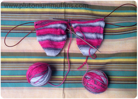 The Spring Socks from above - yarn split in half and working toe-up to try maximise the useage of the yarn.