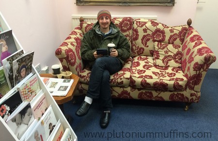 John relaxing on the sofa in the Bluestocking Wool Shop. John enjoying the sofa in the Bluestocking Wool Shop.