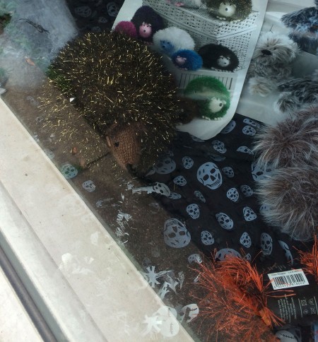 Knitted hedgehog in funky fur, love him!