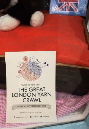 Leaflet for the Great London Yarn Crawl in the window.