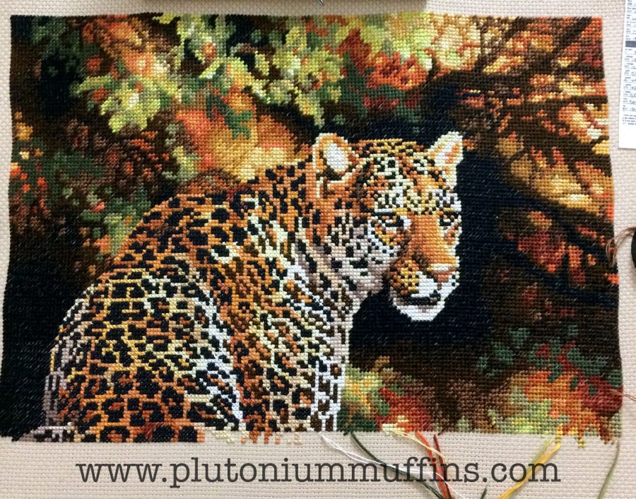 Halfway through the leopard cross stitch.