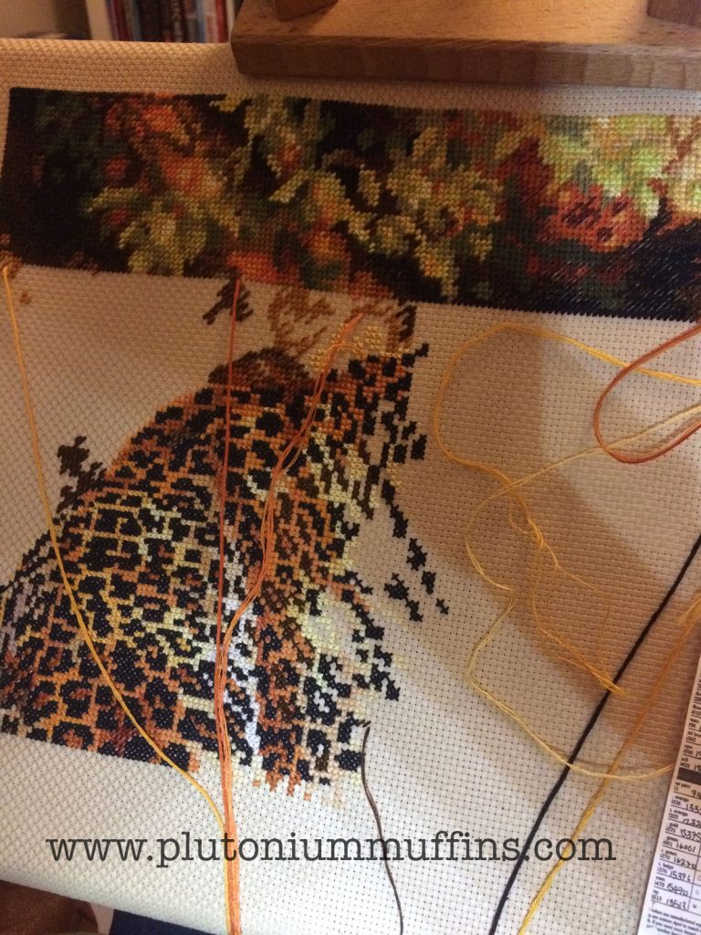 Progress on Leopard's Gaze cross stitch!