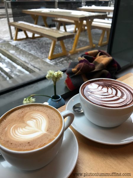 Hot chocolate and coffee in Mokoko, with the Doctor Who scarf chilling in the background.