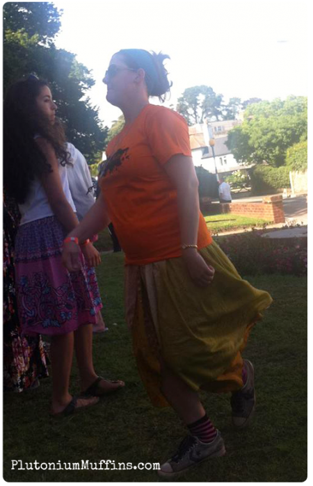 Morris Dancing in Sidmouth, wearing my delightful Shooting Roots t-shirt.