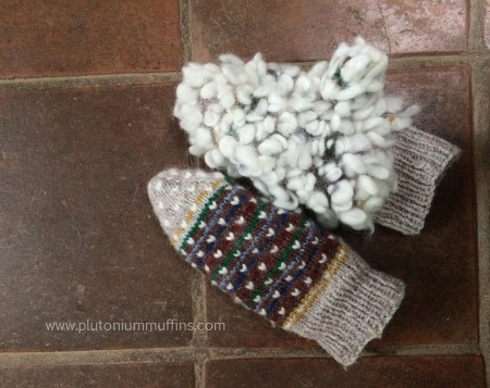 Memory mittens, one inside out to show off the gorgeous thrums!