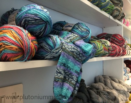 An opal sock sample in the Bluestocking Wool Shop. An opal sock sample in the Bluestocking Wool Shop.