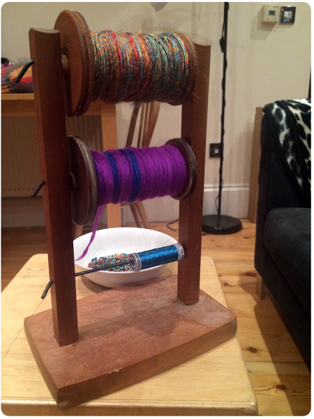 Ready to start plying - nylon, merino and thread.