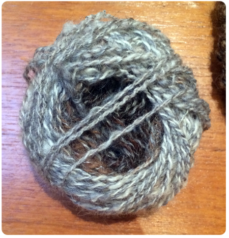 Yarn spun on spindle and plied on wheel.