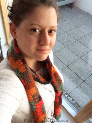 Early morning selfie showing more curling on the Tetris Scarf.