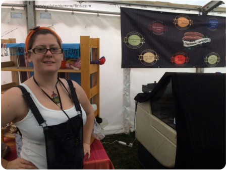 Setting up my stall at Towersey, expressing displeasure at being next to the sausage stall...the delicious smells will make me hungry all day!