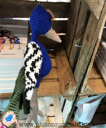 A crochet peacock on the Toft stand, obsessed with the eyes on this.