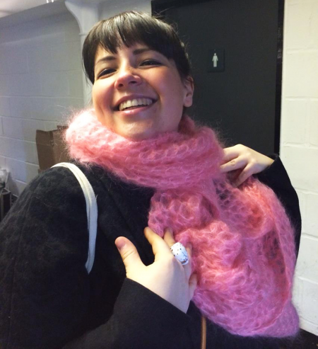 Rebecca rocking the mohair scarf...a bit too warm.