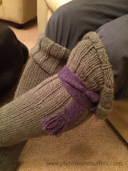 Dad's ridiculous welly socks with a knitted garter to keep them up when not in boots.