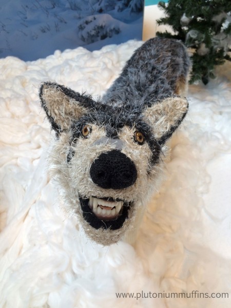 Close up of one of the wolves in Yarnia at CHSI Stitches - could this be Maugrim?