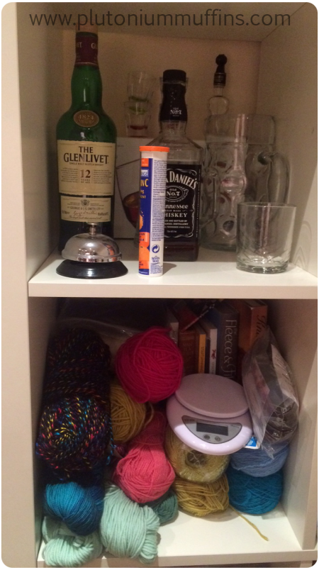 The new whiskey and yarn shelf. With added Vitamin C for health!