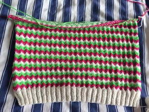 The Zigzag Jumper about half done on the front.