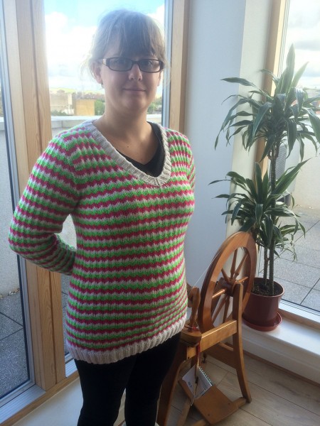 My "Watermelon Jumper", a brightly coloured acrylic and wool blend that saw me massively judged at a knit night by someone I respected greatly.